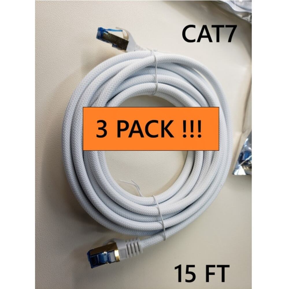 3 Pack! -CAT 7 High-Speed Ethernet Cable, White Mesh. 15ft. Shielded. Patch Cord